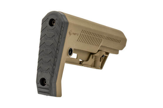 The Mission First Tactical Extreme Duty Minimalist Carbine Stock in FDE features an angled rubber buttpad